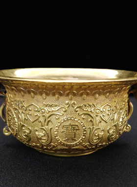 云善阁聚宝盆招财黄铜聚福桌面摆件送礼公司黄水晶