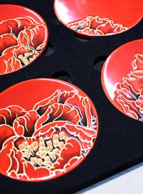 高档三彩艺原创送《鎏牡丹》手工陶瓷隔热杯垫餐桌洛阳自特色用金