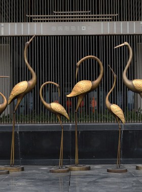 抽象仿铜仙鹤雕塑白鹭水池造景售楼部丹顶鹤模型庭院景观装饰摆件