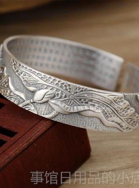 高档莲花心纯银手镯999足银男女古款开口复宽版经个性银子银镯制