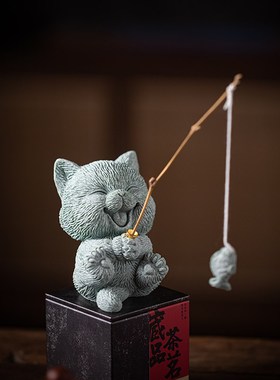 创意可爱小猫咪钓鱼茶宠摆件国潮萌猫线香插鱼缸造景盆栽桌面装饰