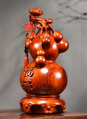 花梨木雕如意葫芦一对摆件花瓶实木客厅红木质家居中式装饰送礼品
