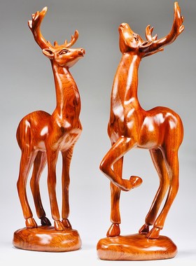 花梨实木雕刻梅花鹿摆件一对鹿木质一路发家居客厅装饰红木工艺品