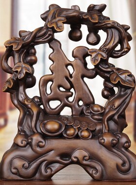 木雕招财葫芦摆件 五福临门大号 客厅电视酒柜玄关柜实木福字摆设