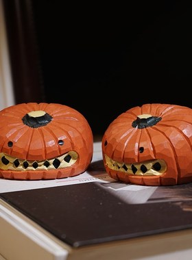 万圣节南瓜怪手工木雕小摆件卡通玩偶搞怪节日氛围感桌面装饰品