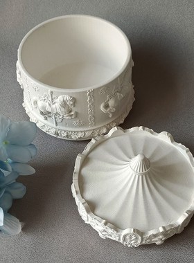 旋转木马雕塑石膏首饰盒香薰蜡烛盒带盖扩香石盒子白胚装饰摆件