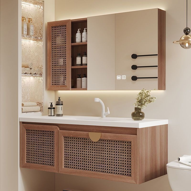 法式中古风藤编浴室柜红橡木组合卫生间陶瓷一体盆洗手洗脸洗漱台 - 图2