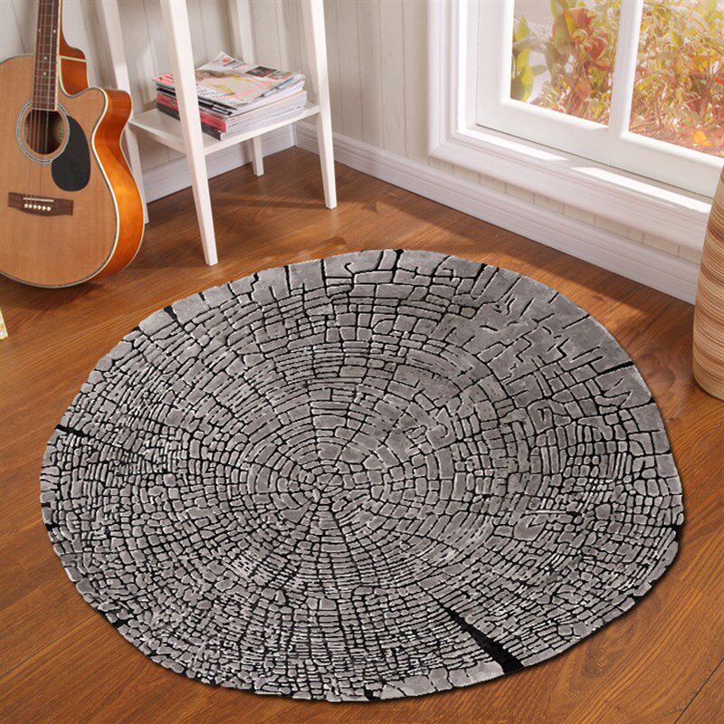 Geometric abstract round carpet, imitation wood grain print bedroom bay window hanging chair carpet, bathroom non-slip floor mat