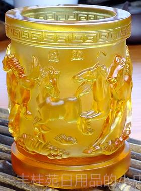 正品水晶琉璃师笔饰桌筒送礼办公室桌面老板大气老办公摆件八骏图