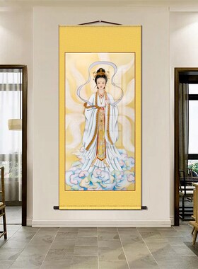 九尾狐画像白色天狐狸胡家东北出马客厅堂口家用供奉丝绸卷轴挂画