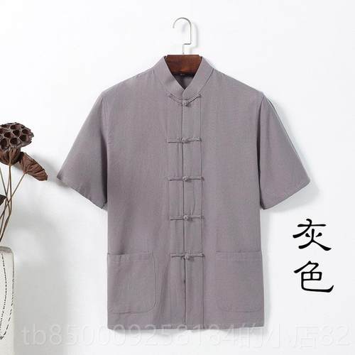 正品中服国风纯棉粗年布中式唐装男青短袖上衣老年汉夏季中盘扣太 - 图3