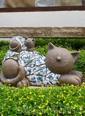 正品花园装庭院布置户外仿动物真花缸小猫花盆摆件园观林景雕塑小