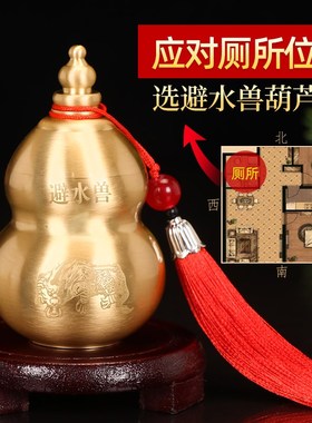 避水兽瓶摆件厕所在西北角化解荷花鲤鱼图卫生间纯黄铜葫芦五帝钱