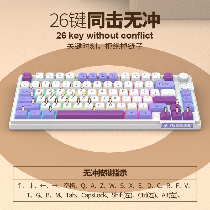 时尚81键有线静音键盘便携机械手感游戏电竞办公通用键盘USB发光,淘宝优惠券,粉丝福利购,淘宝优惠卷