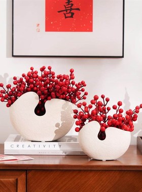现代简约红果蛋壳陶瓷花瓶玄关柜斗柜客厅鞋柜摆件书房喜庆装饰品