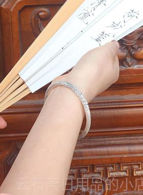 高档夏芍药银手妈镯女纯999年轻新款古法实银心闭口刻字镯子送女