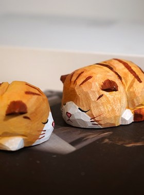 猫咪爱睡懒觉手工木雕小摆件卡通动物桌面摆放装饰品可爱治愈情绪