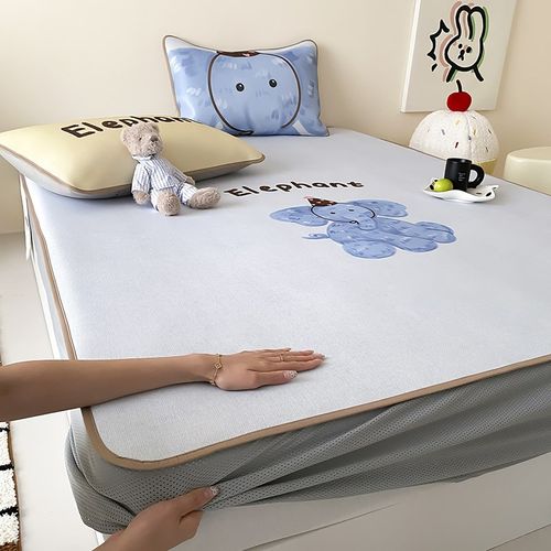 卡通风夏季冰藤凉席三件套可爱小象床笠款可水洗1.8m空调软席1.5m - 图1