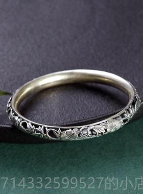 高档熙素原覆古镂空银手创富贵芙女蓉花立体手工浮镯雕做旧款纯银