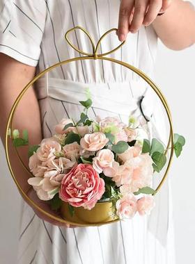 金色铁艺爱心花篮花艺圆形心形金属花架鲜花假花干花手提插花篮子