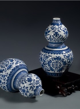 威弗列德景手绘仿古青花缠枝莲葫芦工艺品复古花瓶德镇花瓶陶瓷器