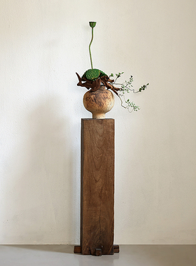 侘寂风实木墩底座中古风柱子雕y塑台客厅茶室落地装饰民宿复古摆