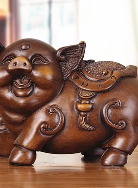 福猪摆件实木雕办公室招财猪生肖中式客厅装饰工艺品乔迁新居礼品