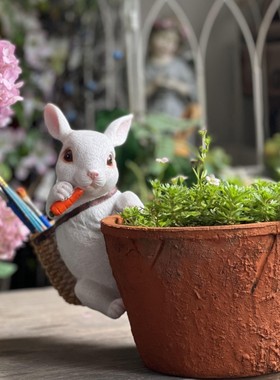 花园装饰可爱动物爬缸创意小摆件花盆栽造景挂件小猫小狗兔子树脂