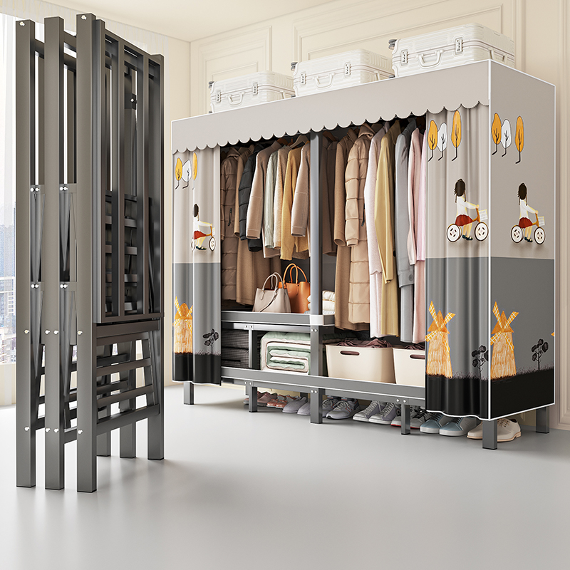 简易衣柜卧室家用免安装折叠衣柜结实耐用全钢架加厚加粗布衣柜 - 图0