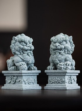 创意石狮子公母一对茶宠摆件中式唐狮工艺品鱼缸造景客厅桌面装饰