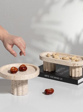 高端侘寂风大理石托盘法式高脚果盘果盆黄洞石装饰盘软装台面摆件