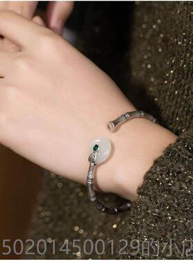 高档节白玉平安镀搭银手镯活扣复古简约百泰银工扣艺送妈妈银饰竹