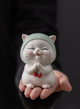 可爱卡通陶瓷招财许愿猫咪小摆件客厅办公室桌面装饰汽车载工艺品
