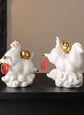 新中式陶瓷吉祥如意马上有钱摆件