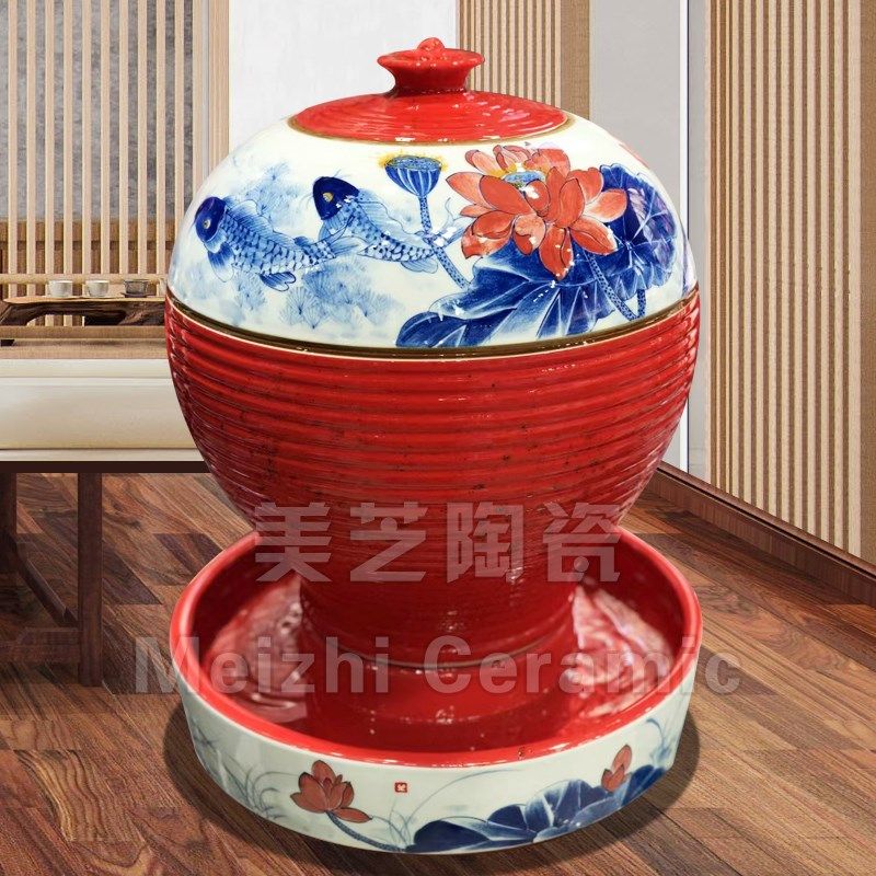 玄关手绘陶瓷加湿器花瓶鸿运当头流水生财摆件循环水景陶罐喷泉缸,淘宝优惠券,粉丝福利购,淘宝优惠卷