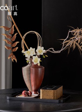 邸高家居酒店样板间大堂红色陶瓷花瓶茶几摆件装饰品套装组合搭配