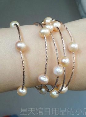 正品韩版饰节纯天然淡水珍珠手链手首串女S92品5银手镯多层圈情人