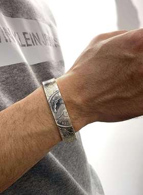 正品女同银匠 原创925纯银摩根银币版开口手不镯复古字母男手工宽