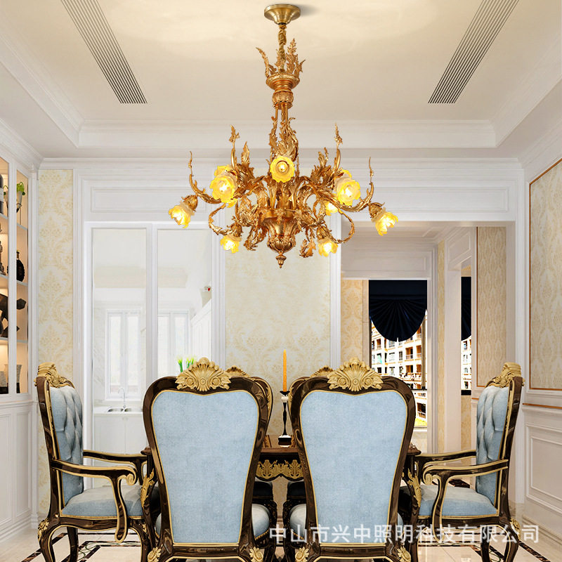 French retro all-copper chandelier, European-style luxury villa, atmospheric living room, bedroom, study, lost-wax candle lighting