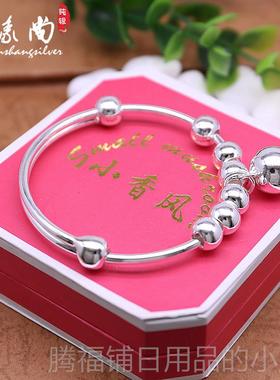 正品手镯银光面99银镯子女款韩版足银简约时尚日铃铛手镯送女友纯