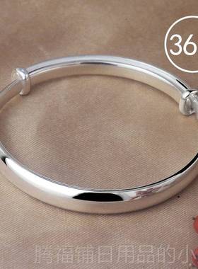 正品999银手镯纯女镯年轻款宽面手饰光面心手镯推拉银子送妈实妈