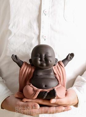 正品创意砂手工弥勒笑佛家居紫装艺饰品摆件办公客室厅陶瓷工品小