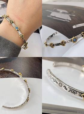 正品不同银匠 原925纯银十字架涂鸦扭纹细女开 口手镯镶创宝石式