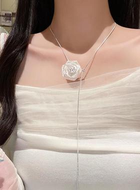 【下单立减20】铜合金无镶嵌超仙网纱玫瑰花朵长项链可抽拉颈链