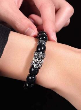 人人有量文玩语墨菩提手串新款貔貅墨玉单圈手炼男士核桃原籽念珠