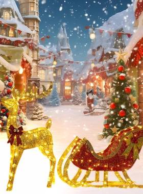 圣诞节装氛饰品铁艺发圣诞光鹿摆酒店节鹿拉车日气装扮圣件诞麋鹿