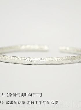 正品新9式[心动]原创手工锤纹9手9足银镯男女情侣款古纯法实心银