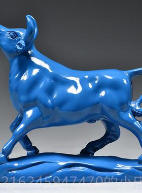 高档蓝色天摆牛木质雕刻十二生肖牛气冲木制吉祥物家居办公室装件