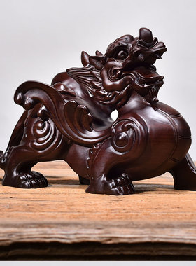 唐趣黑檀木雕貔貅摆件一对家居办公室摆设实木汽车饰品红木工艺品