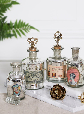 印度进口欧式怀旧手工银色玻璃黄铜盖复古香水瓶 玻璃瓶创意摆件